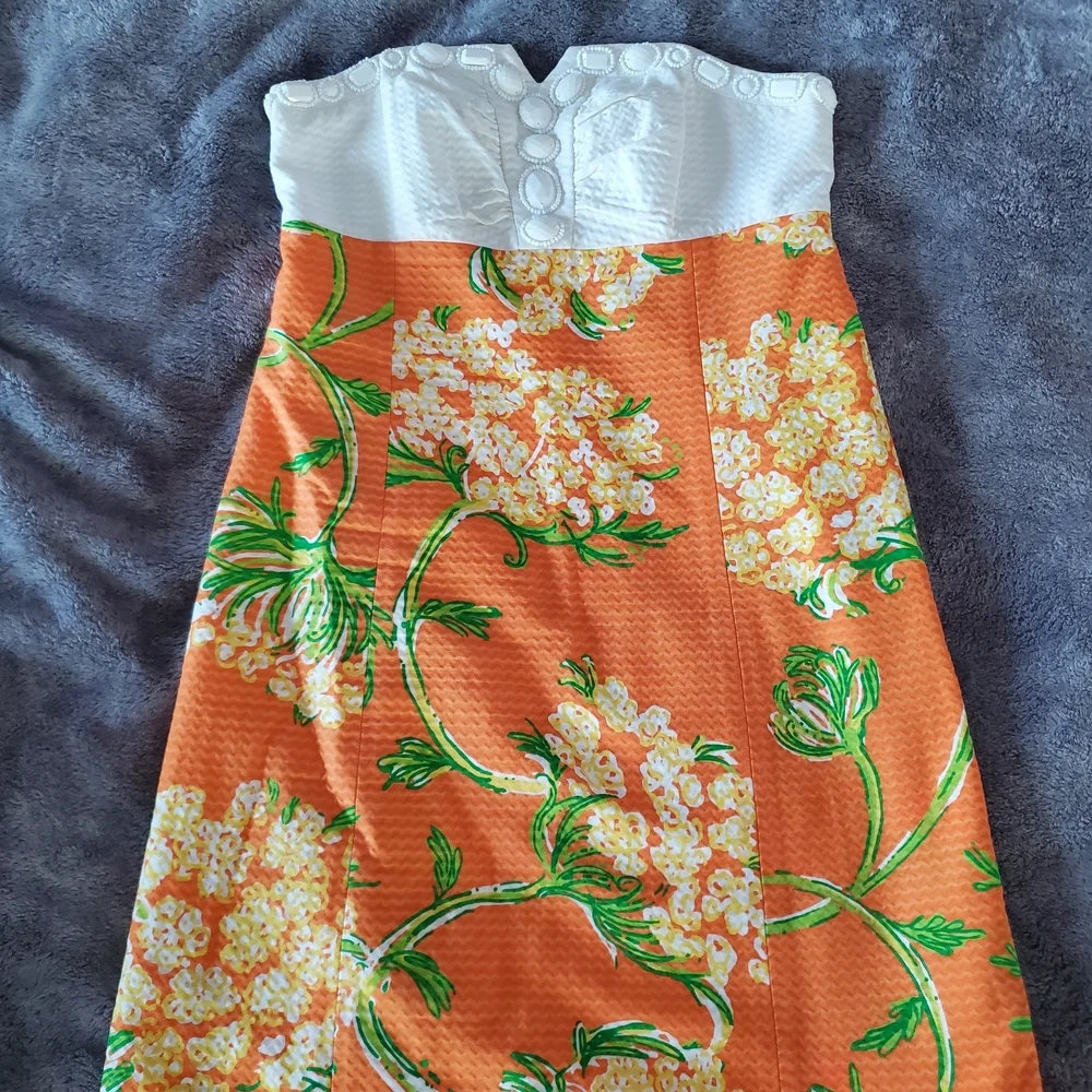 Lilly Pulitzer Bowen Strapless Shift Dress Orange Floral White Eyelet Size 2 - Picture 4 of 11
